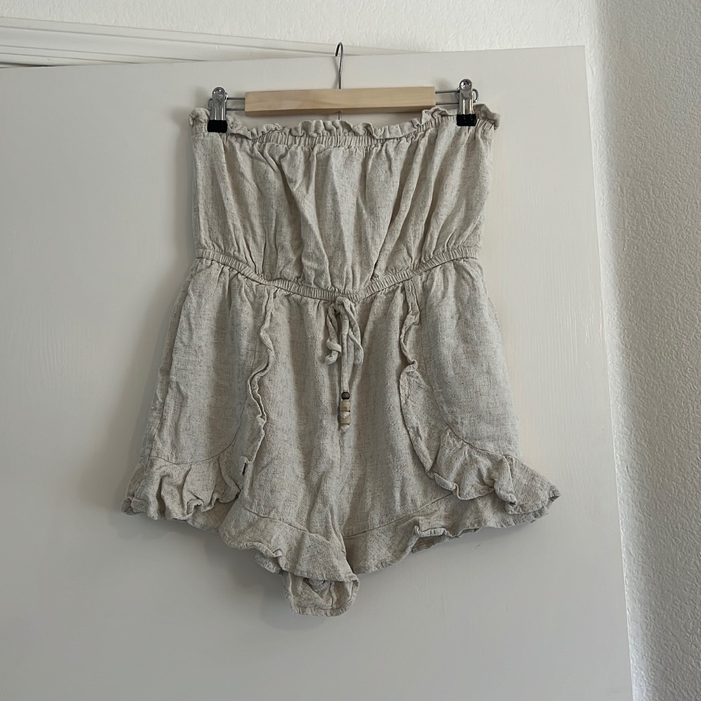 Never A Compromise Beige Strapless Linen Romper